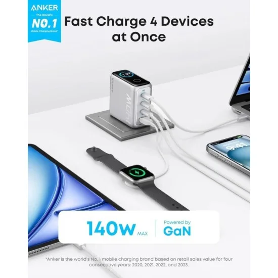 Anker Charger (140W 3C,1A) With Display -Silver